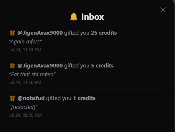 An 'Inbox' notification panel showing three credit gift messages from @JigenAvax9000 (25 credits and 5 credits) and @nobsfud (1 credit) dated July 24.