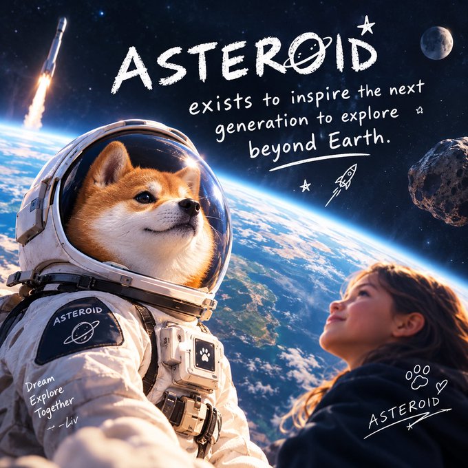 A promotional graphic titled 'ASTEROID' featuring a Shiba Inu dog in an astronaut suit alongside a young girl looking at Earth, with text reading 'exists to inspire the next generation to explore beyond Earth.'