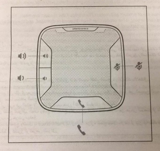 A diagram of a Plantronics conference speakerphone showing its various control buttons—volume up/down on the left, mute on the right, and call/end buttons on the bottom—illustrating the type of hardware interface that can be documented with the help of an AI model like GPT.