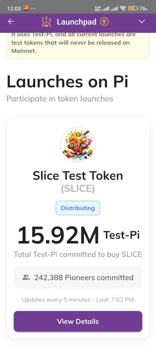 A mobile app screenshot of Pi Network's Launchpad showing a 'Slice Test Token (SLICE)' distribution, with 15.92M Test-Pi committed and 242,388 Pioneers participating.