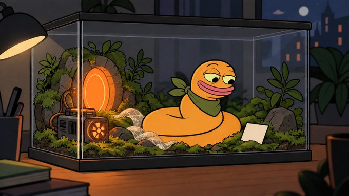 A cartoon-style illustration of a yellow rubber duck wearing a green bandana, sitting inside a glass terrarium filled with plants, rocks, and a glowing orange portal or tunnel, set in a room at night.