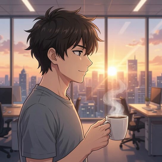 The image features a man holding a cup of coffee, with an office setting visible behind him. The background includes several computers and desks, suggesting that this scene takes place in an office environment. The caption provided seems unrelated to the main subject matter but is included for completeness.