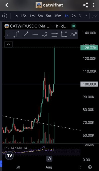 A cryptocurrency trading chart on TradingView showing the CATWIF/USDC pair in 1-hour candles, with prices ranging around $60K-$128K, displaying rising momentum and RSI 14 SMA 14 indicators.