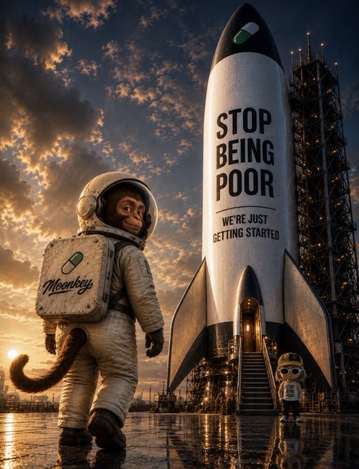 A digital artwork depicting a monkey in a spacesuit with a backpack labeled "Monkey" standing next to a rocket ship that reads "STOP BEING POOR WE'RE JUST GETTING STARTED".