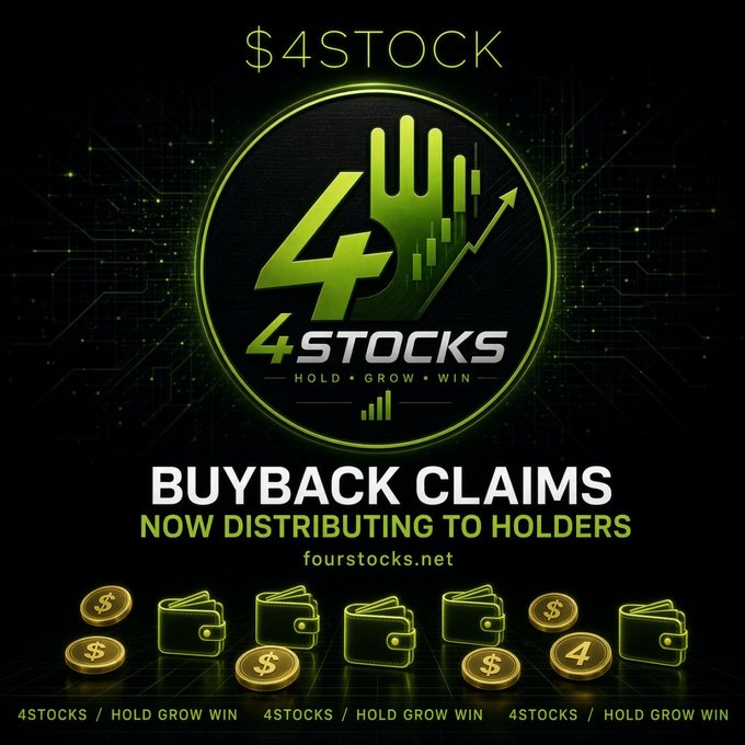 A promotional graphic for '$4STOCK / 4STOCKS' featuring a green logo with the tagline 'HOLD • GROW • WIN', text reading 'BUYBACK CLAIMS NOW DISTRIBUTING TO HOLDERS', and the website 'fourstocks.net' displayed below gold coins and wallets.