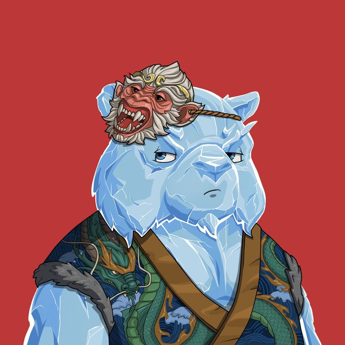 An illustration of a blue anthropomorphic tiger or big cat character wearing traditional warrior robes, with a fierce red demon mask perched atop its head, set against a red background.