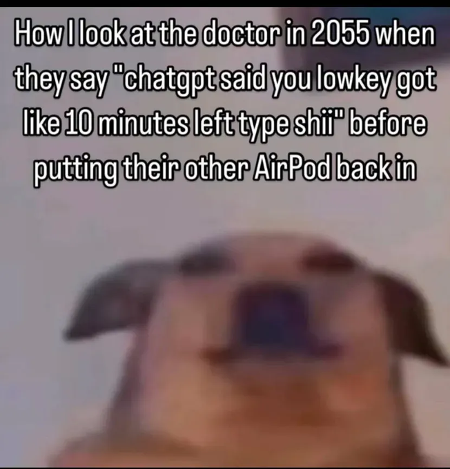A meme featuring a blurry image of a dog looking upward, with text reading, "How I look at the doctor in 2055 when they say 'chatgpt said you lowkey got like 10 minutes left type shii' before putting their other AirPod back in."