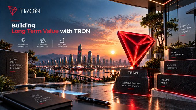 Another TRON promotional graphic with the text 'Building Long Term Value with TRON,' featuring the red TRON diamond logo on a pedestal against a city sunset backdrop, alongside text like 'STRONGER FOUNDATION' and 'GROWING ECOSYSTEM.'