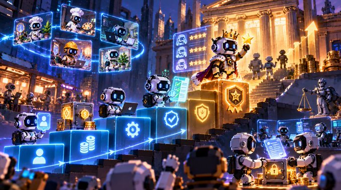 An animated scene of various robot characters in a futuristic setting, some interacting with holographic screens and climbing steps, depicting concepts of data, networking, and currency.