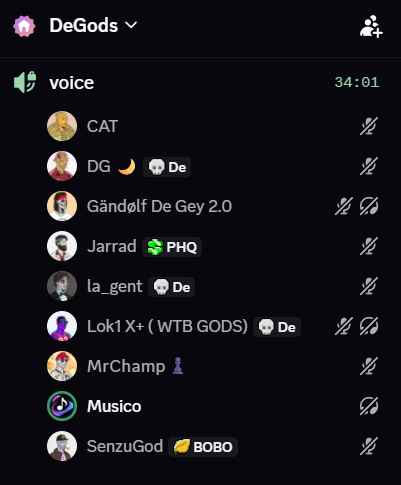 A Discord server screenshot shows the 'DeGods' voice channel with 34:01 duration, listing members including CAT, DG, Gändalf De Gey 2.0, Jarrad, la_gent, Loki X+, MrChamp, Musico, and SenzuGod.