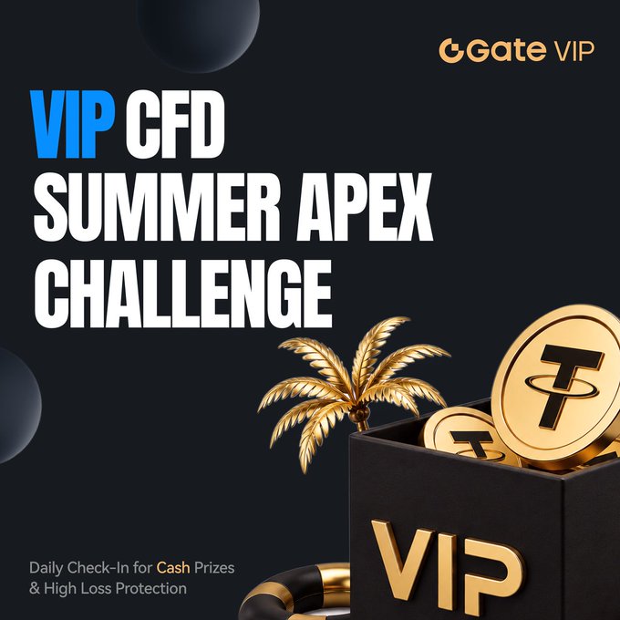 A Gate.io promotional banner for the "VIP CFD Summer APEX Challenge" featuring golden cryptocurrency coins and a palm tree graphic, with text highlighting "Daily Check-In for Cash Prizes & High Loss Protection" — visually matching the post's announcement about daily check-in cash rewards up to 1,000 USDT and high loss subsidies for the VIP summer trading event.