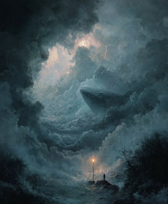 A lone figure stands beneath a glowing lamppost on a misty shore, gazing up at a massive whale-shaped cloud drifting across a dramatic, moonlit sky. The surreal seascape mirrors the "whale mode on" caption, with the cloud formation resembling a great whale emerging from the heavens, evoking a sense of awe and mystery.