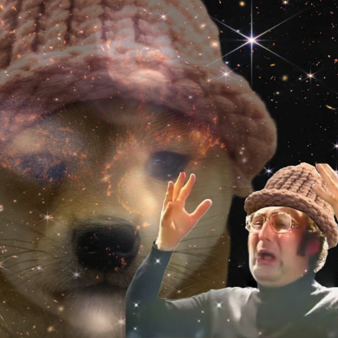 A surreal composite image shows a giant beaver's face blended with a starry nebula on the left, while a man wearing a beige knit hat and round glasses makes an animated, shouting expression with his hand raised on the right, all set against a cosmic background filled with bright stars.