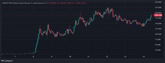 A TradingView 1-hour candlestick chart for CASH/CAT (METH) on MEXC showing price action ranging from approximately $25,000 to $220,000, with current price at $189.24M (-$130.28M or -0.07%).