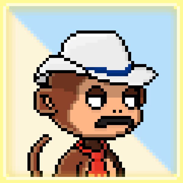 A pixel art portrait shows a brown-skinned character wearing a fluffy white winter hat with a blue band and a red scarf, with one pupil missing from their eye.