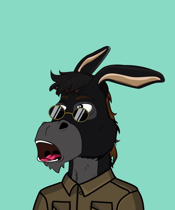 A cartoon illustration of a black donkey character wearing round sunglasses and an olive green collared shirt against a solid teal background.