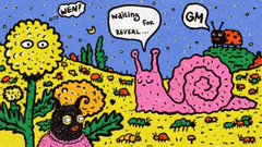 A cartoon snail responds with "Eh?" to sunflowers discussing "What's" and "Loyal," with "GM" floating by—all of which the snail ignores while leisurely munching leaves. The image humorously illustrates the "Trust the process" sentiment, showing the snail moving at its own pace despite being surrounded by crypto jargon and chatter.