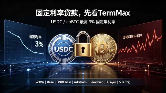 A promotional graphic for TermMax fixed-rate loans featuring USDC and Bitcoin coins with a padlock, Chinese text translating to 'Fixed-rate loans, check TermMax first,' noting USDC/cbBTC rates up to 3%.
