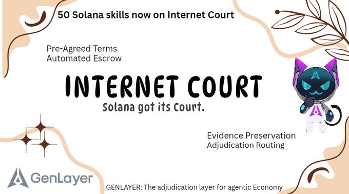 A promotional graphic for GenLayer's 'Internet Court' on Solana, featuring 50 skills, automated escrow, and evidence preservation, with a cartoon cat mascot and the tagline 'Solana got its Court.'
