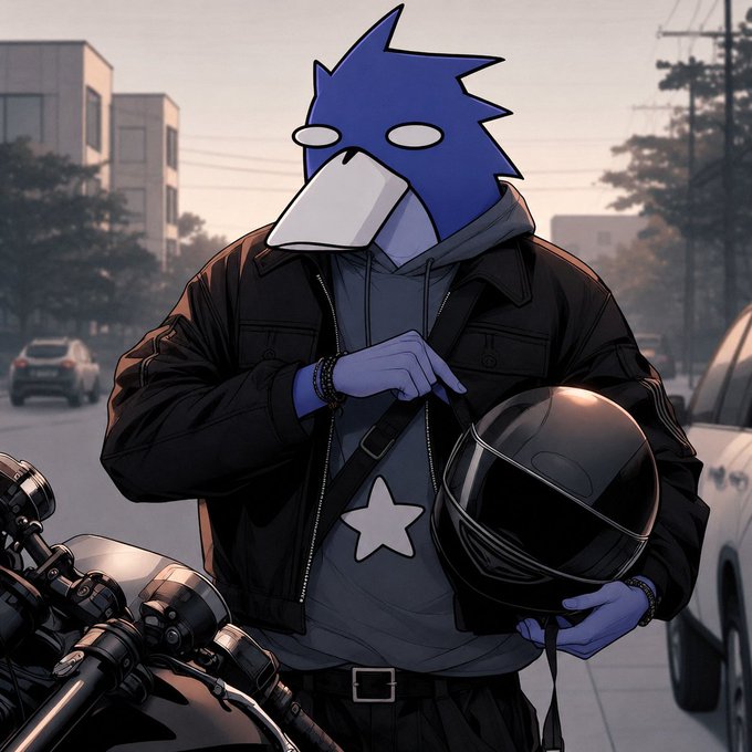 An anime/illustration of a character with a blue bird-like mask wearing a black leather jacket and hoodie, holding a motorcycle helmet next to a motorcycle on a street.