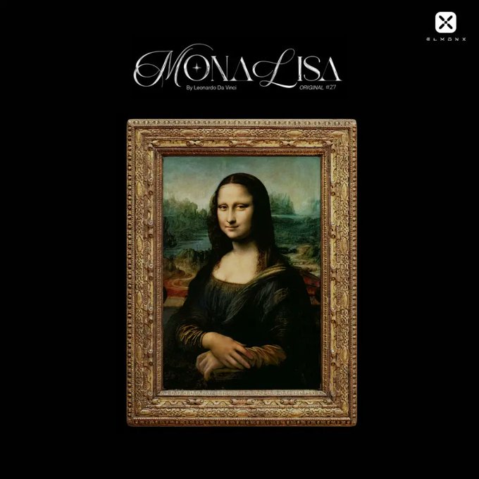 The Mona Lisa painting by Leonardo Da Vinci is displayed in an ornate frame, with the stylized text 'MONA LISA By Leonardo Da Vinci ORIGINAL #27' above it and an 'ELMONX' logo in the top right.