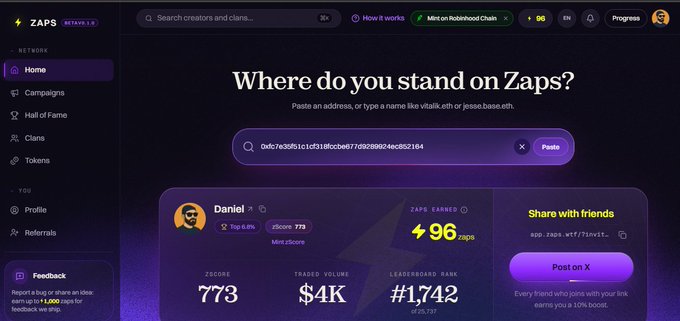 A screenshot of the ZAPS website on Robinhood Chain showing a profile for "Daniel" with a Zscore of 773, 96 Zaps earned, and leaderboard rank #1,742.