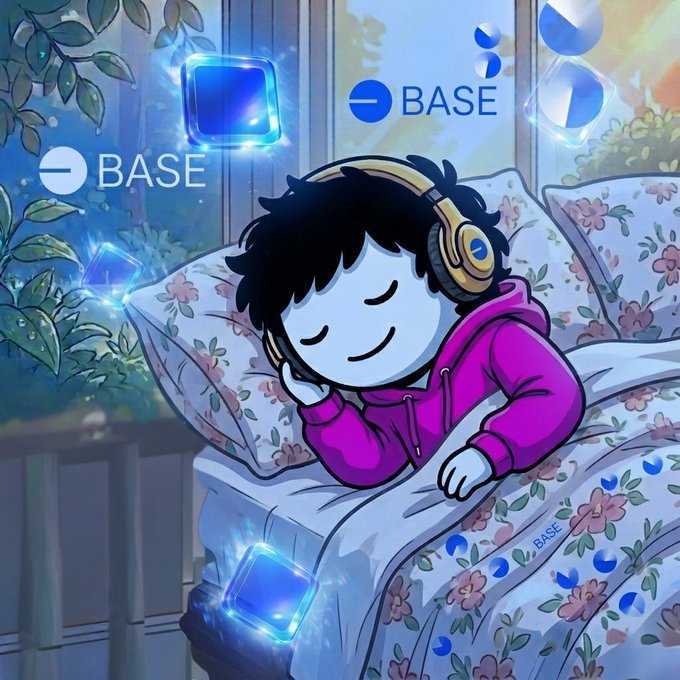 The image features a cartoon character wearing headphones while sleeping on a bed with white sheets and a floral comforter, surrounded by blue and purple elements. The caption for the image reads "Good Night Base user Base is making crypto faster, cheaper, and more accessible for everyone." This suggests that the post is related to the cryptocurrency world or blockchain technology in general, as it highlights how Base is contributing to the growth of the crypto community.