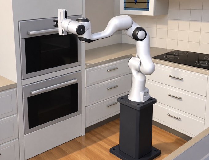 A white robotic arm mounted on a black pedestal is shown in a kitchen setting, appearing to interact with or open a built-in oven next to white cabinetry and a stovetop.