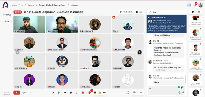 A screenshot of a virtual meeting on the Arc platform titled "Region Kickoff: Bangladesh Roundtable Discussion," showing 20 participants in a grid layout with a live chat panel on the right. The recording was 5 minutes long and is being shared to thank attendees for joining the Build on Arc kickoff event for the Bangladesh region.