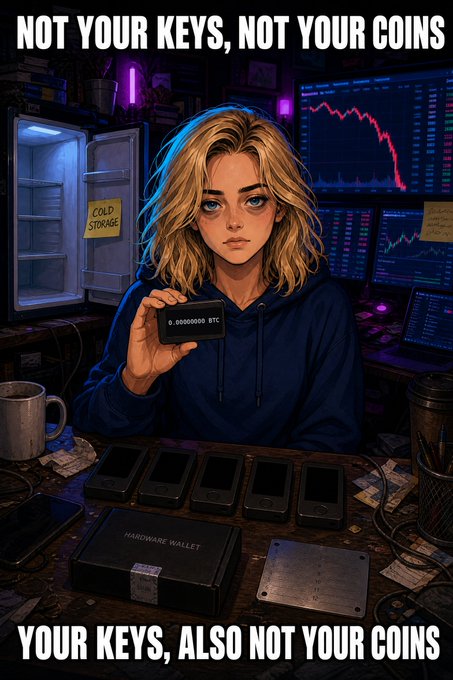 Crypto meme showing a woman holding a hardware wallet displaying '0.00000000 BTC' with text 'NOT YOUR KEYS, NOT YOUR COINS' at top and 'YOUR KEYS, ALSO NOT YOUR COINS' at bottom.