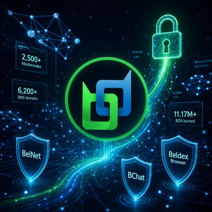A digital infographic showcasing the Beldex ecosystem with its green and blue logo at the center, featuring a padlock icon, shields labeled "BelNet", "BChat", and "Beldex Browser", and statistics including "2,500+ Masternodes", "6,200+ BNS domains", and "11.17M+ BDX burned".