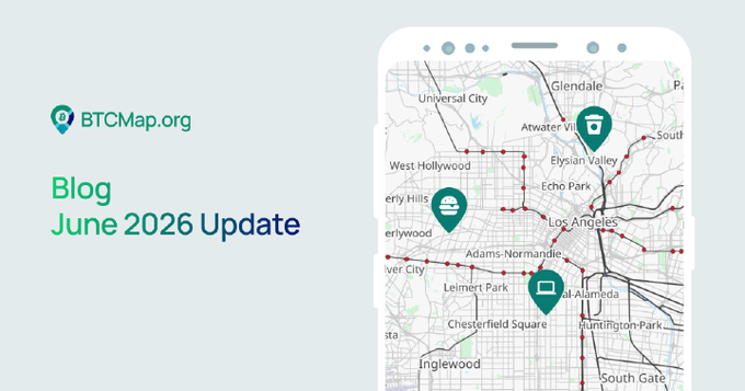 BTCMap.org blog header showing a June 2026 Update alongside a smartphone displaying a map of Los Angeles with Bitcoin-accepting business markers.