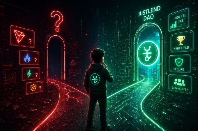 A person stands at a crossroads between risky, complex DeFi options (left, red) and the "JustLend DAO" (right, green), which highlights benefits like "LOW FEE FAST," "HIGH YIELD," "SECURE," and "COMMUNITY." The image visually represents the post's message of choosing JustLend's composable, secure building blocks over complex DeFi strategies.