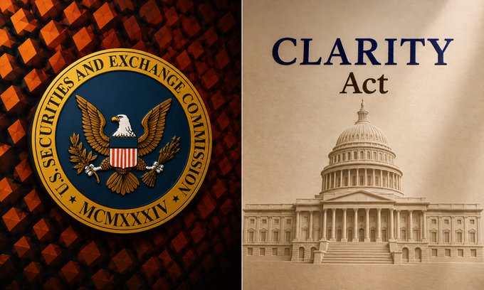 A composite image showing the U.S. Securities and Exchange Commission seal on the left and the text "CLARITY Act" above an illustration of the U.S. Capitol building on the right. The split visual ties together the two regulatory milestones referenced in the post—pending crypto market structure legislation and the SEC's upcoming rulemaking meeting.