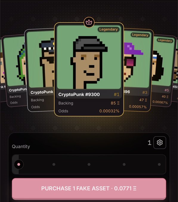 A digital marketplace interface displays a selection of Legendary CryptoPunks, with CryptoPunk #9300 highlighted showing 85 Ξ backing at 0.00032% odds. The purchase prompt reads "PURCHASE 1 FAKE ASSET · 0.0771 Ξ," illustrating the FWA platform mentioned in the post where users can take a chance at winning rare CryptoPunks starting from a low-cost spin.