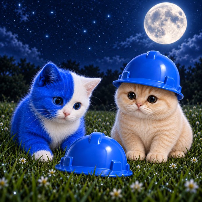 Two fluffy kittens—one painted blue and white, the other cream-colored—sit in a moonlit grassy field, with the orange kitten wearing a blue hardhat and another blue hardhat resting on the ground between them, playfully matching the post's reference to "more blue" and a "spare hardhat."