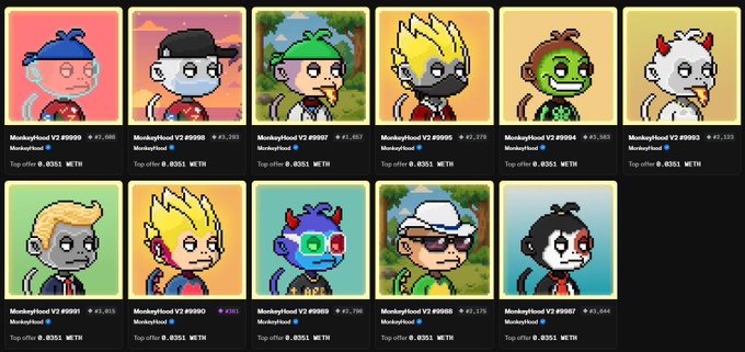 A grid of NFT digital art collectibles from the 'MonkeyFlood V2' series (V2 #9999 through V2 #9992), displaying cartoon-style ape/monkey characters with various hats and accessories, with 'Top offer' and 'METH' cryptocurrency pricing visible on each listing.