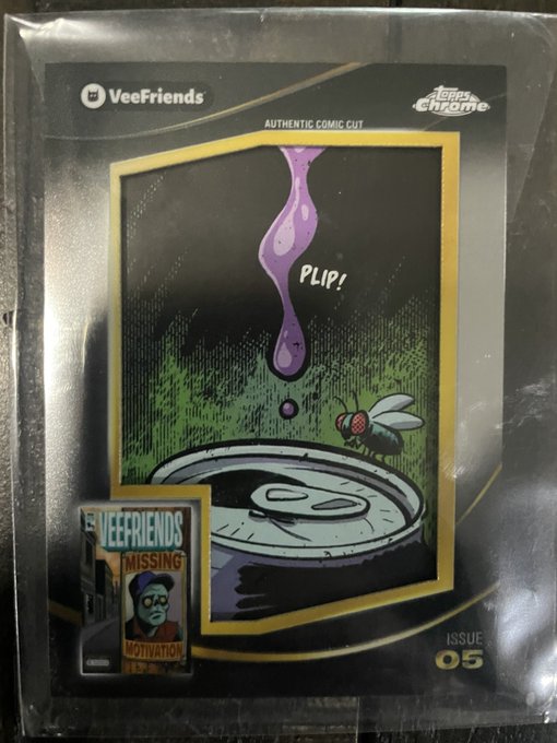A sealed Topps Chrome 'VeeFriends' 'Authentic Comic Cut' trading card (Issue 05) depicting a fly being hit by a purple 'PLIP!' slime drop, alongside a 'Missing Motivation' card.