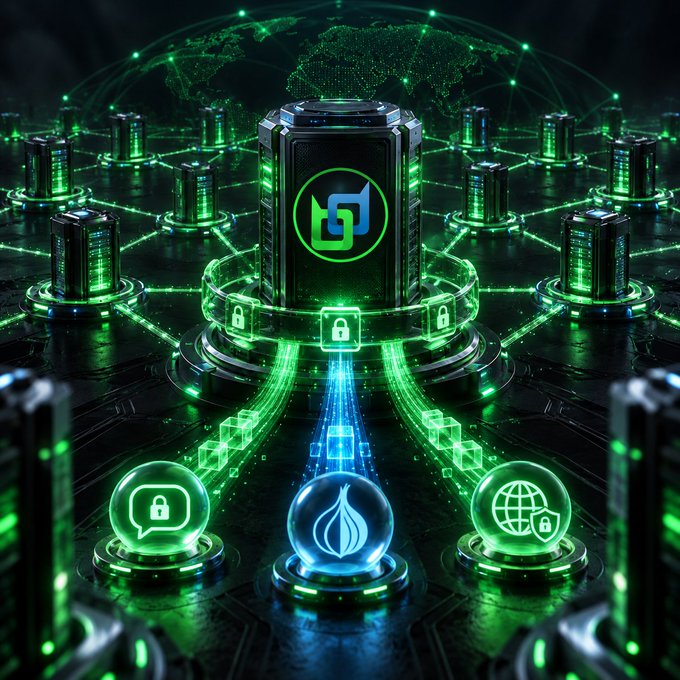 A 3D digital rendering of a green and black technological network with servers, padlock icons, and data streams.