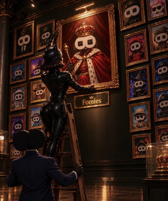 A surreal scene showing a person in a black latex suit and mask standing on a ladder to touch a large portrait labeled 'Fomies' in a gallery, while a Mickey Mouse figure watches from below; the surrounding portraits feature similar masked figures.