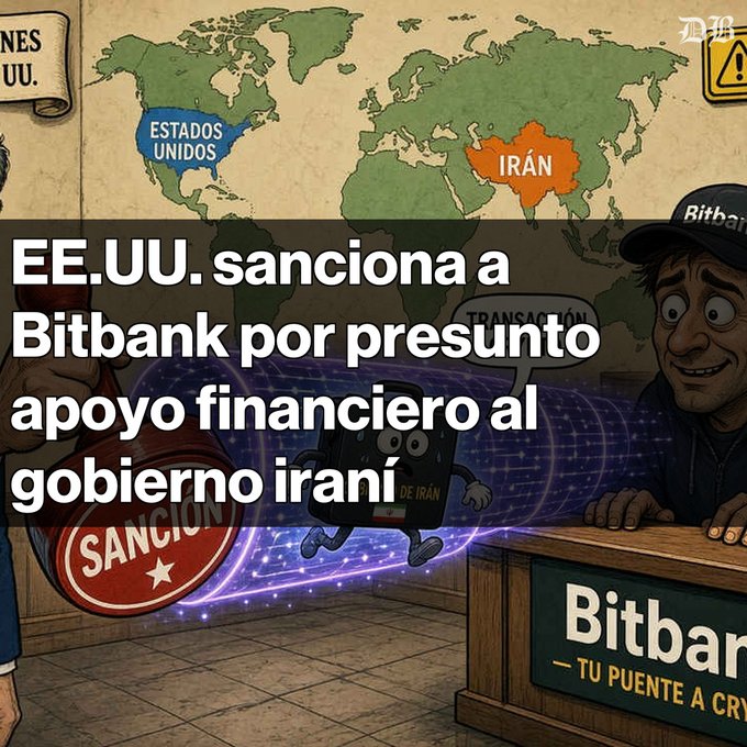 A Spanish-language news graphic showing a map of the US and Iran with text 'EE.UU. sanciona a Bitbank por presunto apoyo financiero al gobierno iraní', featuring cartoon characters around a 'SANCION' stamp.
