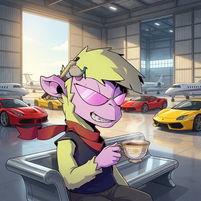 An anime-style purple-skinned character with spiky blonde hair and pink sunglasses sits at a glass table holding a teacup in a hangar filled with luxury sports cars and private jets.