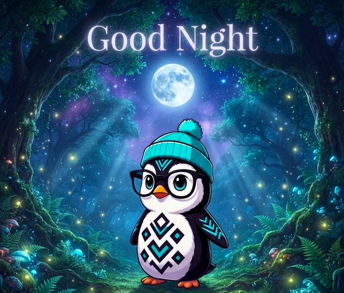 A 'Good Night' digital illustration of a cute penguin wearing a teal beanie and black glasses, set against a magical night forest background with a full moon.