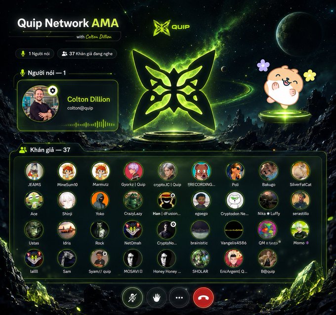 A Quip Network AMA (Ask Me Anything) session interface featuring Colton Dillion (@colton@quip) as the speaker, with 37 listeners visible as profile avatars in a space-themed green design.