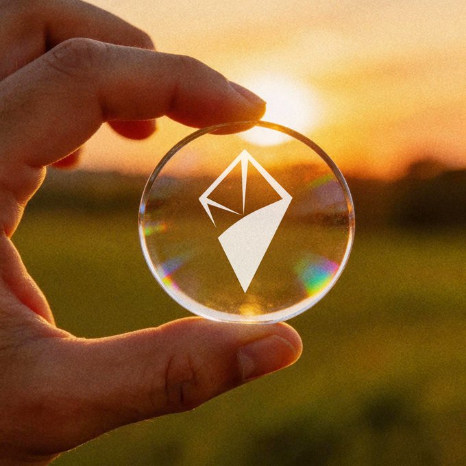 A hand holding a clear disc with an engraved Ethereum logo against a sunset background.