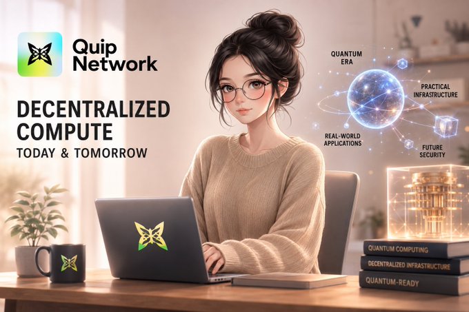 The image shows a stylized illustration of a woman with glasses working on a Quip Network-branded laptop, surrounded by floating graphics labeled "Quantum Era," "Practical Infrastructure," "Real-World Applications," and "Future Security," with stacked books reading "Quantum Computing," "Decentralized Infrastructure," and "Quantum-Ready." The "Decentralized Compute Today & Tomorrow" tagline alongside the Quip Network logo reinforces the post's message about the project bridging today's blockchain infrastructure with tomorrow's quantum technology.