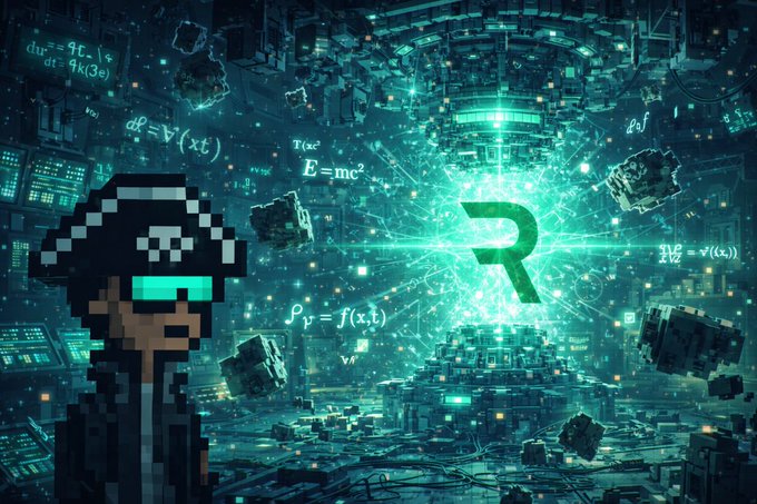 A pixel art character wearing a cap and green visor goggles standing before a glowing green explosion featuring the letter 'R' surrounded by floating asteroids and scientific equations.