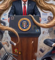 An AI-generated image of a figure in a suit and red tie standing behind a podium bearing the Presidential Seal, with swirling tentacle-like shapes emerging from the figure and the background, surrounded by floating smartphones and press badges.
