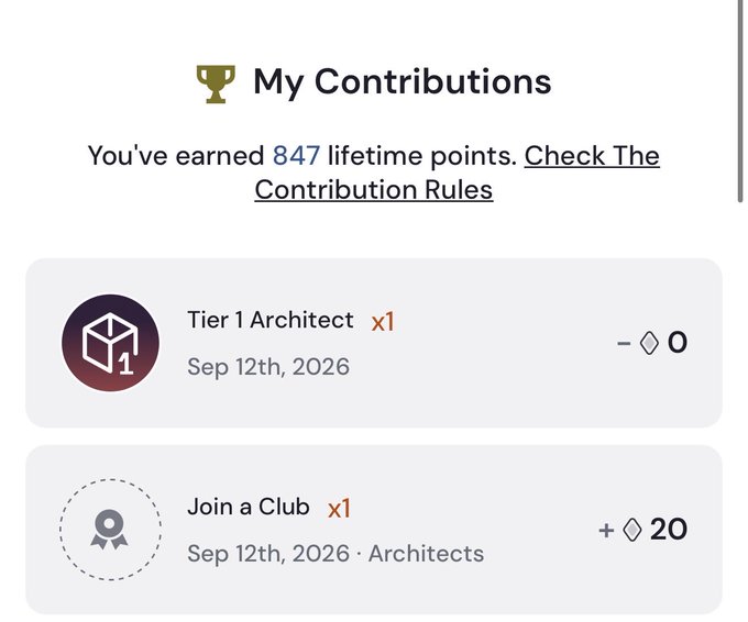 A 'My Contributions' page showing 847 lifetime points, listing 'Tier 1 Architect' and 'Join a Club' achievements dated Sep 12th, 2026.