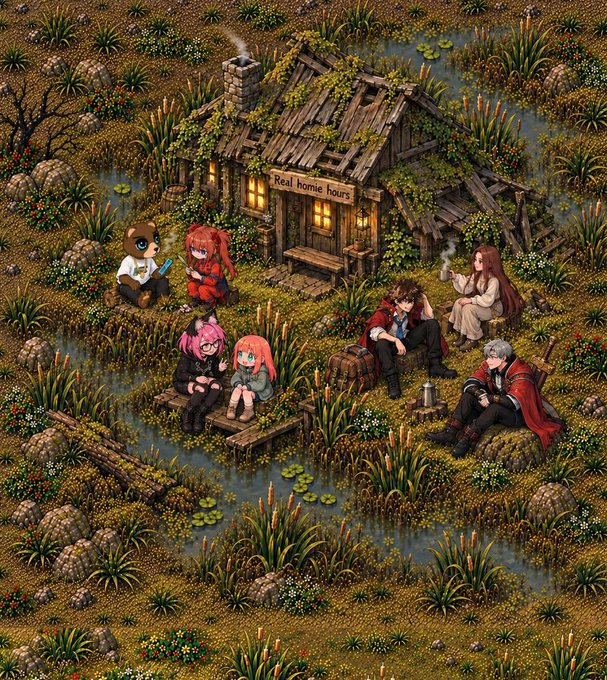 A pixel art illustration depicts a group of anime-style characters relaxing outside a dilapidated cabin in a swampy setting, with a sign reading "Real homie hours" hanging above the doorway. The post's caption directly references this sign as the location name, suggesting the characters are enjoying a casual, homely hangout at the "Real homie hours" cabin.